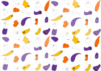 おばけたちの模様・包装紙白背景・ファブリック・壁紙