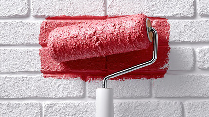 Obraz premium Fresh red paint is being applied to white brick wall using paint roller, creating vibrant contrast. scene captures essence of home improvement and creativity