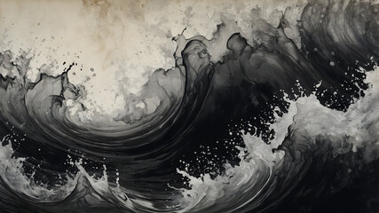 Dramatic Abstract Ink Wave in Black and White