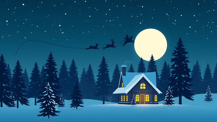 Fototapeta premium Cozy cabin under a full moon with santa s sleigh