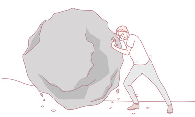 An illustration of a determined man pushing a heavy boulder uphill, symbolizing struggle and perseverance.