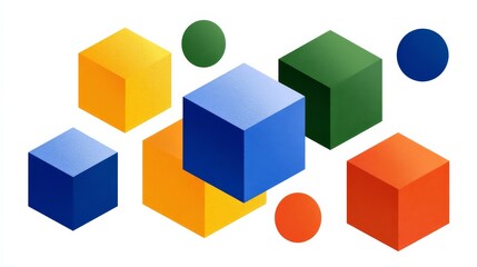Obraz premium Colorful Geometric Figures Including Cubes and Circles in Vibrant Shades on a White Background