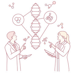Two skilled researchers are thoroughly analyzing DNA and complex molecular structures in a modern lab setting
