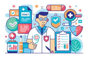 Professional conducting a preventive health check-up with medical documents and supplies in a modern healthcare setting