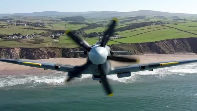 Vintage Fighter Plane Flies Fast Towards the Camera Over a Coastline - AI GENERATED