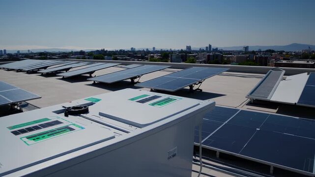 Rooftop solar panels generate clean energy, storing excess power in a battery backup system for later use, contributing to sustainable urban living with a city backdrop