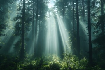 Obraz premium Morning sunlight streaming through forest trees with mist and rays of light