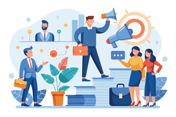 Human resources professionals focusing on marketing and hiring new employees in a modern office environment with diverse team members collaborating and strategizing