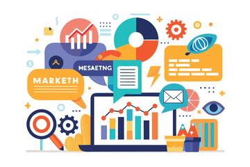 Fototapeta premium Marketing data research highlights analytics trends and performance metrics using colorful graphics and symbols in a digital workspace setting during daytime hours