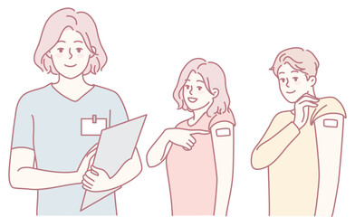 An inspiring artwork shows a caring healthcare worker warmly interacting with patients ready for vaccination