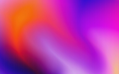 Vibrant fluid gradient with soft neon hues blending orange, violet, magenta and indigo. Blurred abstract waves create luminous depth and gentle motion on smooth textured grainy noise surface.