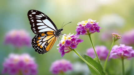 Fototapeta premium Delicate Butterfly Perched on Colorful Flowers in a Soft Focused Garden Setting