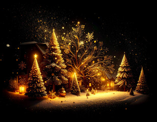 Golden Christmas scenery illustration on dark background with many decorative branches, decorations, stars.