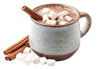 A rustic mug filled with hot chocolate, marshmallows, and cinnamon on transparent background