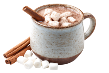 A rustic mug filled with hot chocolate, marshmallows, and cinnamon on transparent background