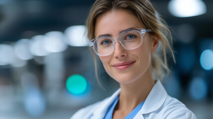 White Lab Coat Doctor in Bright Hospital Scene with Digital Medical Overlay, Calm Facial Expression, and Copy Space for Healthcare Ads, Website Headers, or Telemedicine Promotion,doctor banner design,