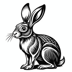 Intricate Woodcut Illustration of a Hare in Black and White Detailed Lines and Rustic Charm