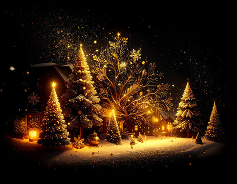 Golden Christmas scenery illustration on dark background with many decorative branches, decorations, stars.
