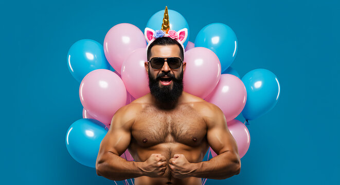 A humorous portrait of a brawny muscle unicorn man with a beard, flexing his biceps in sunglasses at a party with festive balloons.
