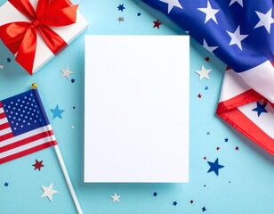 Obraz premium Composition featuring an American flag, gift box, blank card, and festive stars on a blue surface.