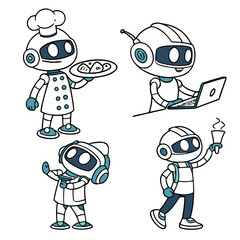 Fototapeta premium Four cute cartoon robots in different professions: chef, programmer, astronaut, and student, all with a friendly, approachable design.