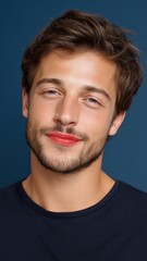 Fototapeta premium European Man Smiling with Smudged Lipstick Against a Blue Background in a Playful and Light-Hearted Expression