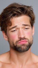 Fototapeta premium European Man with Makeup Stains Displaying Sadness Against a Gray Background