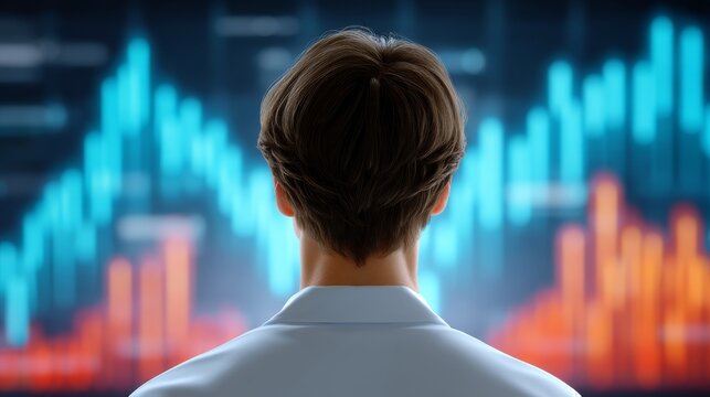 European Tech Expert Analyzing Business Data Trends Against Colorful Financial Graphs - Powered by Adobe