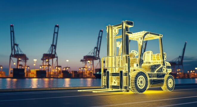 A forklift, wireframe style, glows yellow against a port at twilight