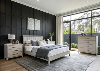 Contemporary Bedroom Interior Design: A well-appointed bedroom showcases modern furniture against a sophisticated black wall backdrop.