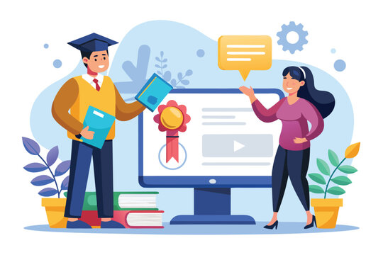 Man celebrates achievement by holding diploma in front of a computer displaying educational content with a woman engaged in discussion in a bright learning environment