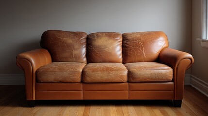 Faded Cracked Leather Couch with Rich Brown Tones Against Neutral Wall in Cozy Living Room