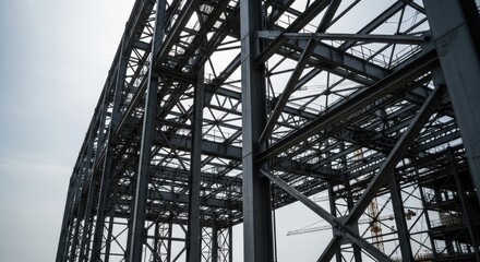 Massive steel framework of a large construction project against a bright sky