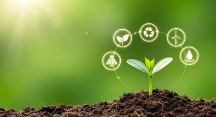 Renewable Lifecycle: Sprouting Sapling Encircled by Clean Energy Icons for Green Future