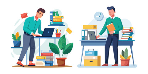 Focused Office Worker Organizing Documents and Folders on Desk – Productivity Concept Illustration in Clean Vector Style, Perfect for Business, Office, and Workflow Themes