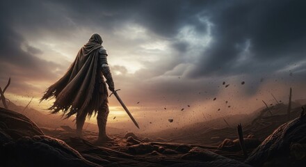 A lone warrior stands on a desolate battlefield, sword raised, facing a stormy horizon