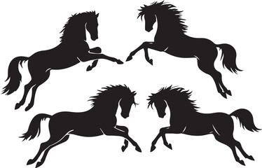 Four black horses leaping gracefully silhouette