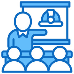 Obraz premium Safety Training Blue Fill Outline Icon Vector Design - Instructor teaching safety with helmet symbol, representing workplace safety education and onboarding