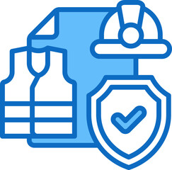 Obraz premium Gear Certification Blue Fill Outline Icon Vector Design - Document with helmet and vest, protected by shield, representing certified safety gear or PPE approval