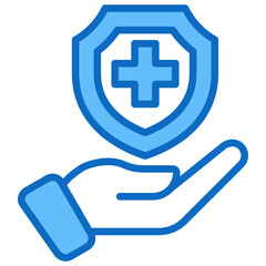 Health Support Blue Fill Outline Icon Vector Design - Hand holding medical shield, representing health protection, medical assistance, and safety support