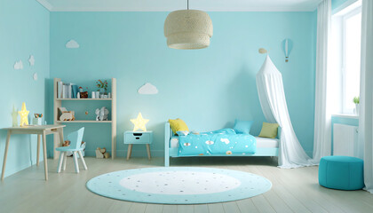 A serene light blue child's bedroom features a single bed, desk, and playful decor.
