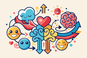 Fototapeta premium Creative Illustration of Brain Functionality with Emotional Intelligence and Logical Thinking Featuring Heart Cloud Sun Arrows and Happy Faces in a Colorful and Playful Design