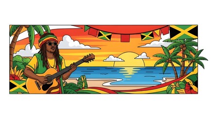 A Reggae musician plays the guitar at sunset on a Jamaican beach, Jamaican Rastafarian guitarist serenades the sunset with authentic island music