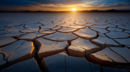 Obraz premium Drought-Stricken Landscape Showcasing Cracked Earth and Water Scarcity