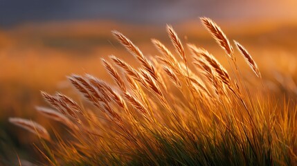 Golden Hour Glow Illuminating Tall Grass Field in Serene Nature Landscape