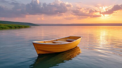 Naklejka premium Golden Hour View of a Calm Lake with a Solitary Yellow Boat Floating on the Water's Surface