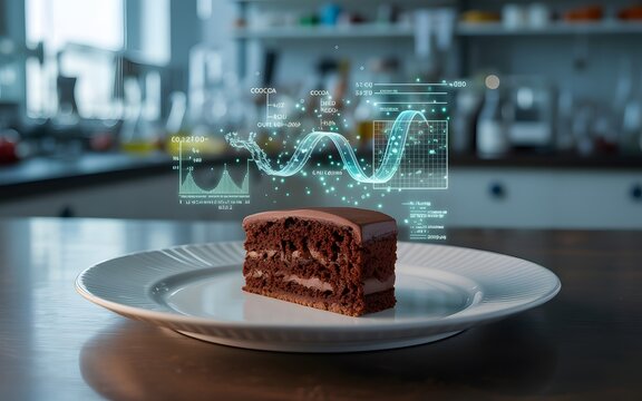 Chocolate cake slice with futuristic data analysis overlay dessert food