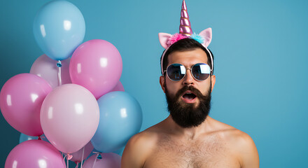 A hilarious portrait of a bearded muscle unicorn man in sunglasses, looking shocked at his festive party balloons.