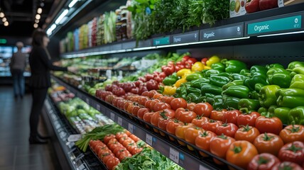 Obraz premium Colorful fresh produce display in grocery store with shoppers vegetables fruits