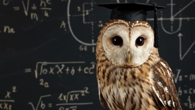 An owl wearing a graduation cap, posing against a chalkboard with math